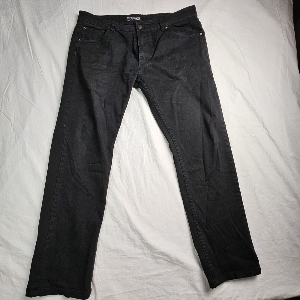 Victorious Premium Mens Black Denim Jeans 38x30 Stretch Straight Leg Moto Style